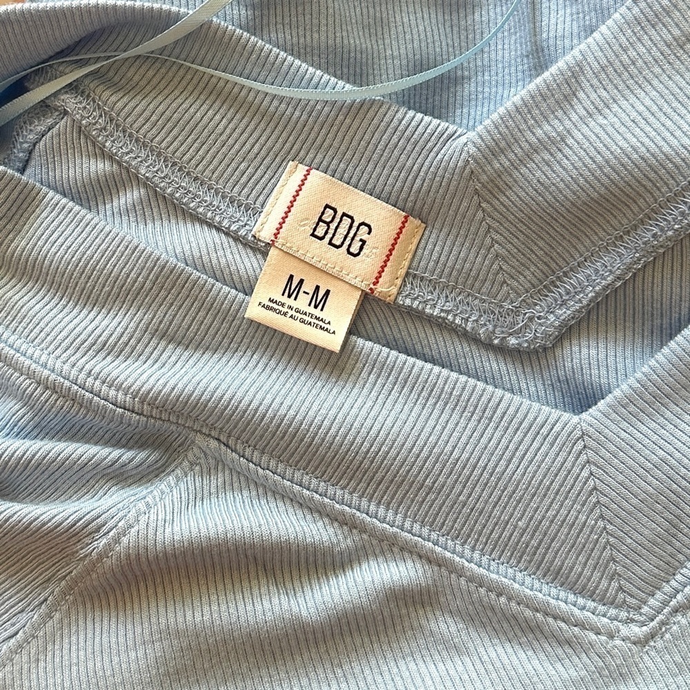 Off-Shoulder Light Blue Ribbed Long-Sleeve Top - Picture 7 of 9